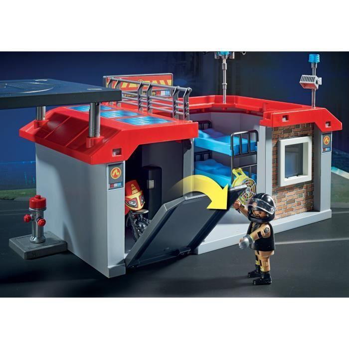PLAYMOBIL - Caserne de pompiers transportable - City Action - Avec moto et hélicoptère