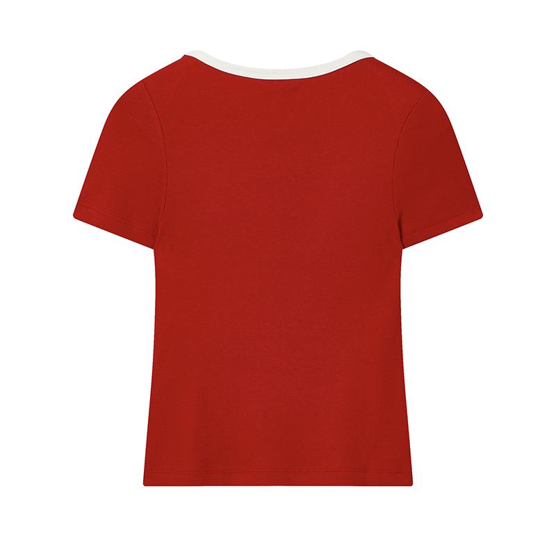 FILA Original Fashion Simple Classic Retro Versatile Comfortable Casual Knit Slim Fit Short Sleeve T-Shirt Women tops Smoke-Red F11W629105FWI