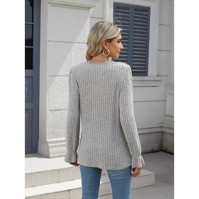 Graue Strickwaren Lose Frauen Pullover Pit Streifen Schleifen V-ausschnitt Spitze Langarm Pullover Einfarbig Casual Pendeln Basis Hemd Herbst Winter