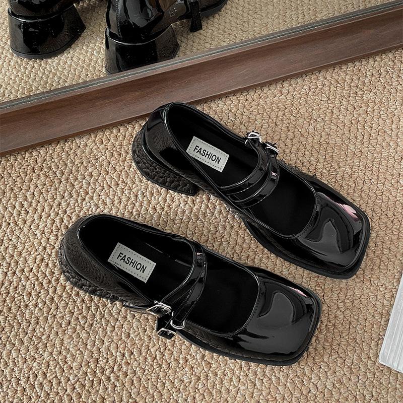 

Модные красные французские туфли на толстом каблуке с квадратной головкой, женские туфли из кожи 2025 года, новые весенне-осенние туфли-лодочки Мэри Джейн 40 чёрный