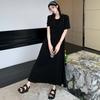 DIMANAF 2025 Sommer Übergröße Kleid Damen Einfarbig Lässig Vintage Hemdkleid Basic Locker Schwarz Langes Kleid