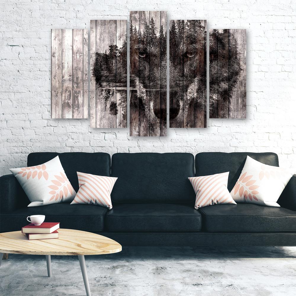 Five Piece Picture Canvas Print Wolf Forest Retro