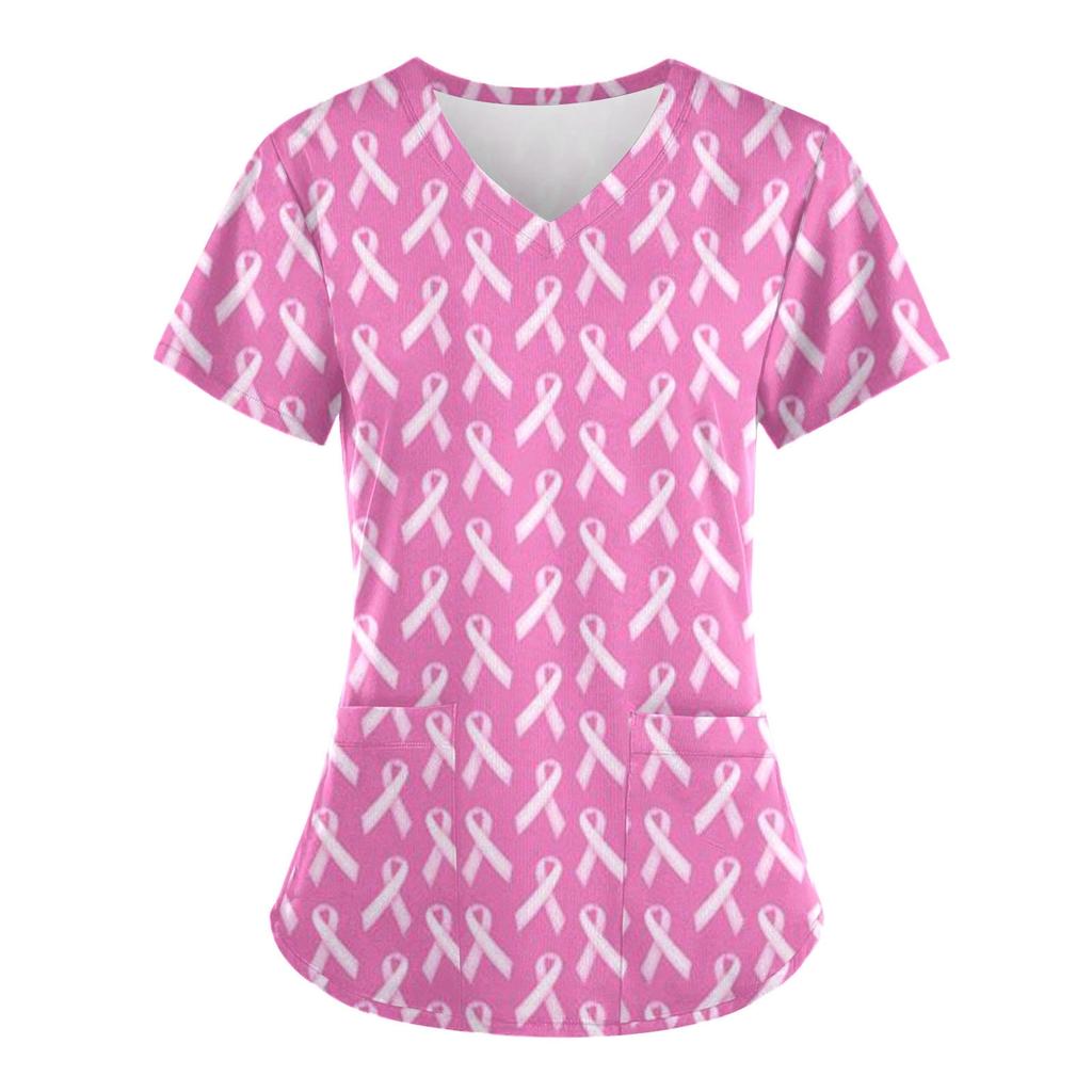 Scrubs Medical Uniform Pink Ribbon Cancer Fighter Graphic Women's Uniforms V Neck Short Sleeve Tops with Pockets Scrubs for Wome
