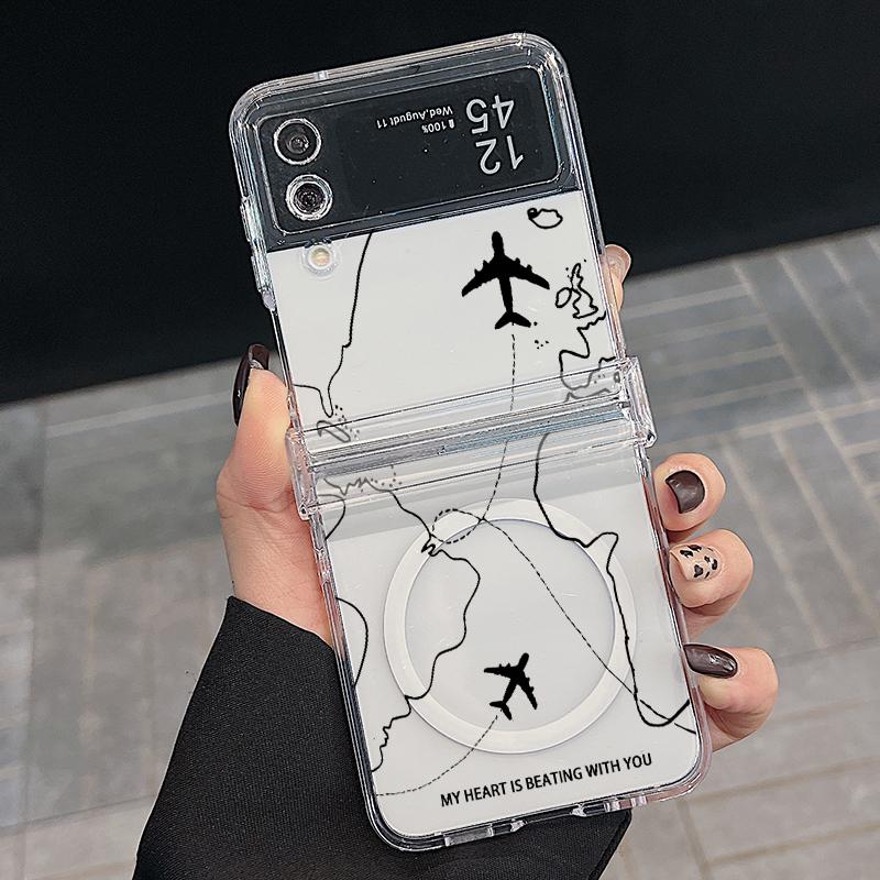 

Для Magsafe Magnetic 3PCS Case для Samsung Z Flip6 Flip5 Flip4 Ударопрочный астронавт авиалайнер Pattern Прозрачный ПК Жесткий тонкий чехол для телефона Чехол Samsung Z Flip4