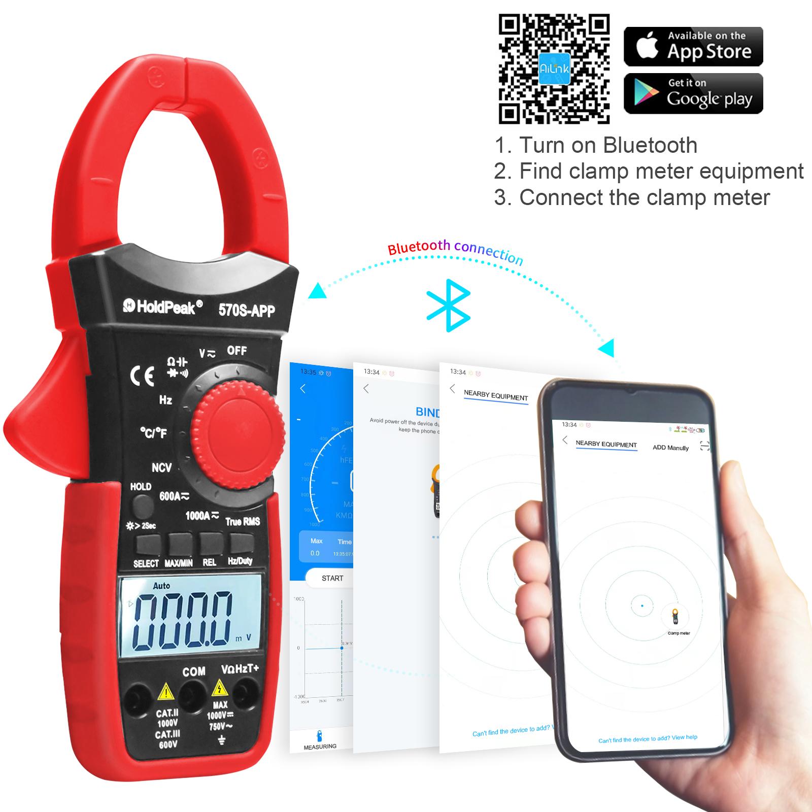 

Цифровые клещи Holdpeak HP-570S-APP, мультиметр на 6000 отсчетов с автоматическим диапазоном, переменное/постоянное напряжение, переменный/постоянный ток, NCV