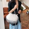 1Pc Autumn and Winter Fashion Shoulder Bag Oblique Span Bag Imitation Turkey Feather Women's Bag Portable Pearl Fringed Plush Square Bag