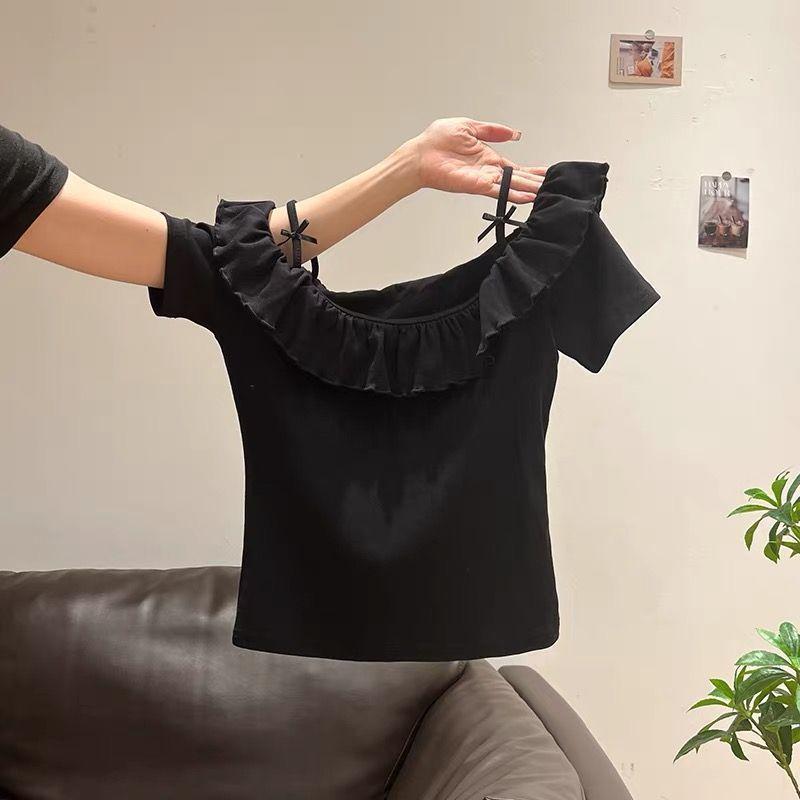 Top Estivo da Donna 2025 con Spalline Sottili, Scollo Bardot, Volant e Fiocco, Vita Sagomata, Vestibilità Slim