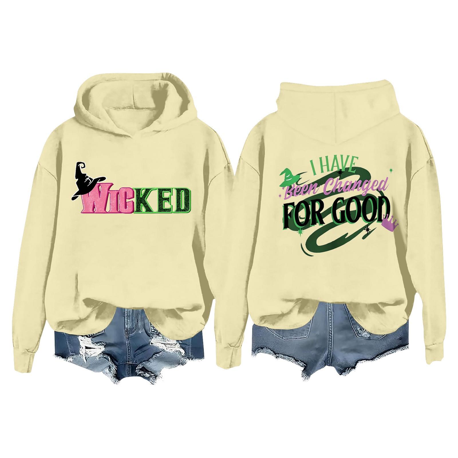 Women s Casual Long Sleeve Pullover Witch Print Hooded Sweatshirt L