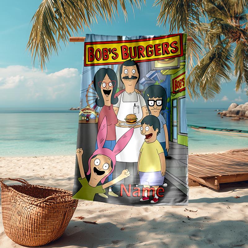 Custom Name Ultra-Soft Beach Towel with Bob's Burgers Theme,Ideal for Pool - Camping, Diving - Perfect Travel Essential, Vibrant Beach Towel.