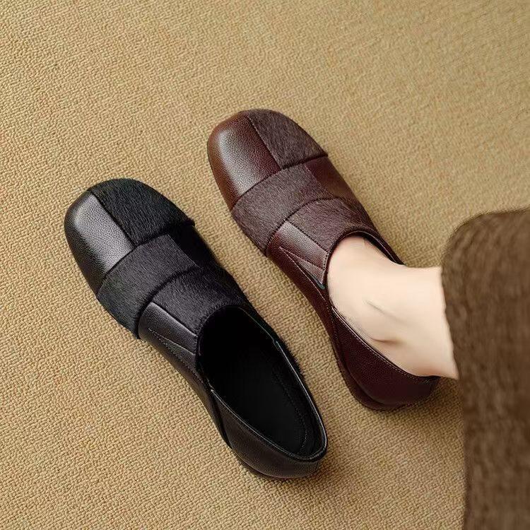 Mao deep mouth single shoes retro thick heel spring and autumn round head thick heel small leather shoes women's soft sole pu leather splicing loafers