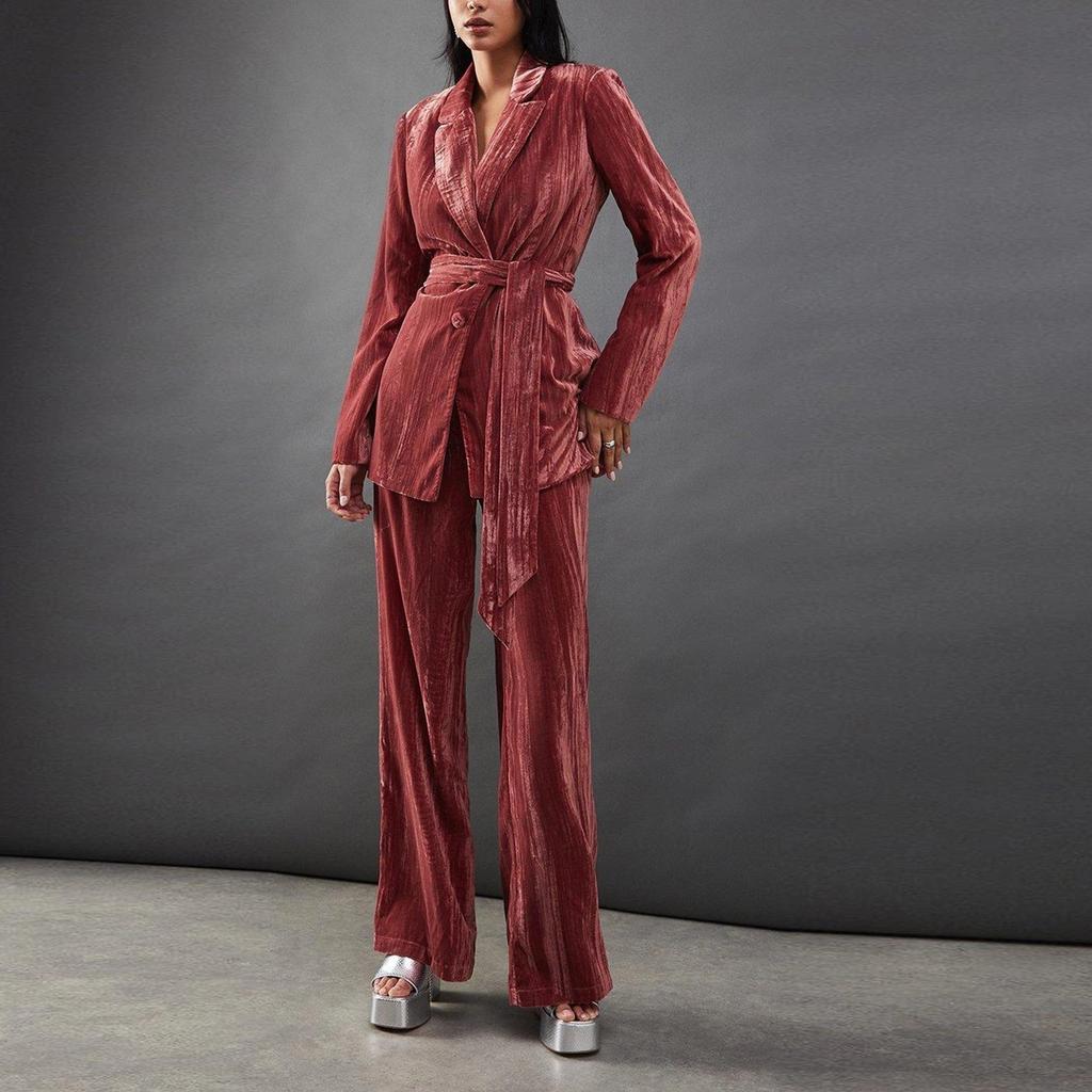 Women's Fashion Casual Long-Sleeved Solid-Colour Pleated Velvet Two-Piece Set With And Straight-Leg Trousers
