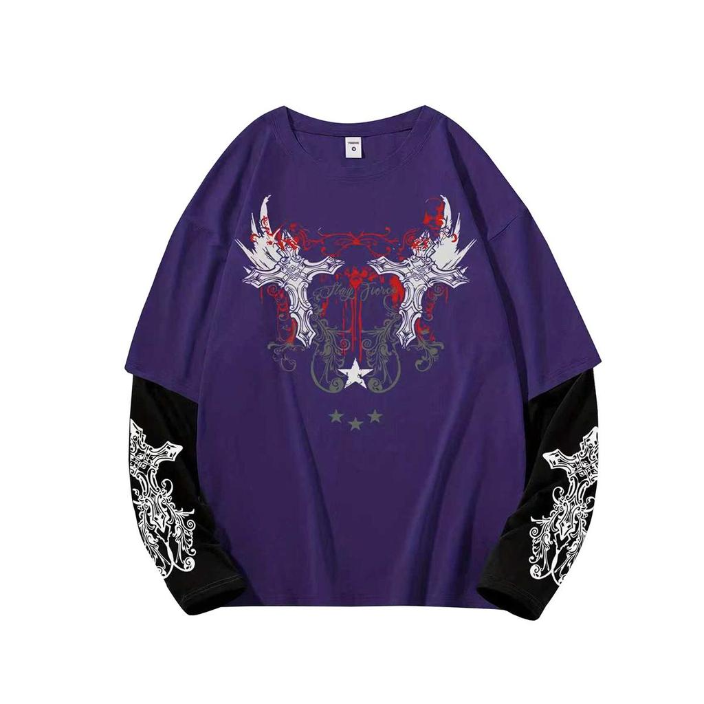 Herren Y2k Goth Shirt Grafik Oversized Langarm Rundhals T-Shirt Streetwear Oberteile Frühling Passform