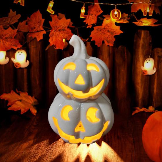 Yousheng Light Up Halloween Decoration Ceramic Carved Pumpkin Skull Bat Figurine LED Tabletop Ornament for Halloween Home Shelf Desk Decor