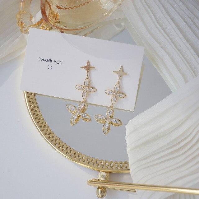 14K Real Plated CZ Cubic Zircon Flower Stud Earrings for Women Delicate Jewelry Crystal Star Long Earrings