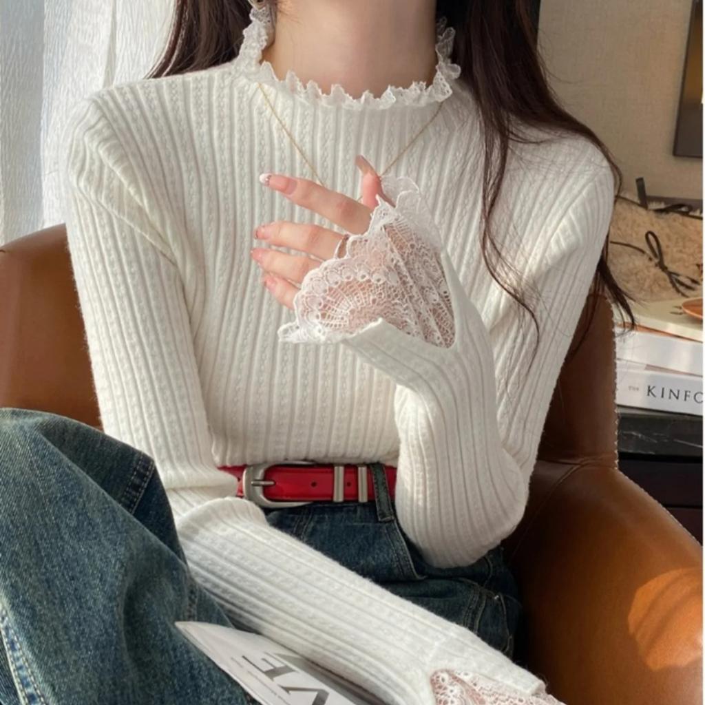 Rollkragen Skinny Elastisch Gestricktes Hemd Damen Pullover Pullover Oberteile Frühling Herbst Damen Langarm Strick Patctwork Spitze Hemden