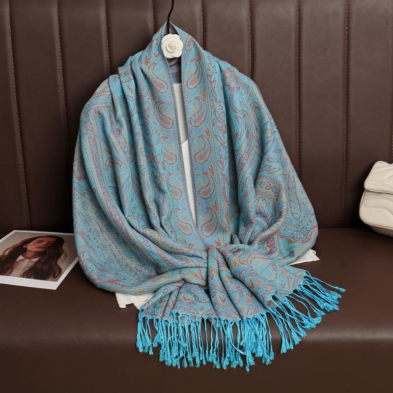 

2025 New Fashion Winter Warm Thick Soft Cashmere Pashmina Luxury Brand Jacquard Scarf Women Neckerchief Bandana Shawl Headband небо синє кольору