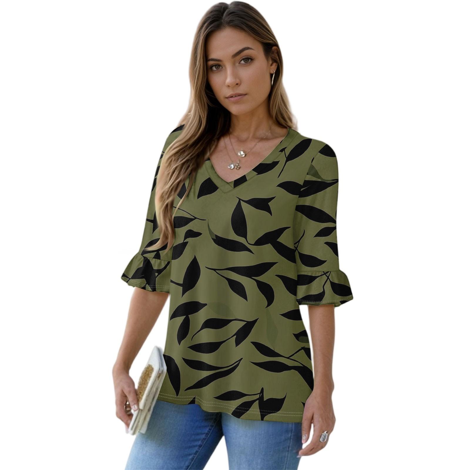 

Women s Casual 3/4 Sleeve Tops V-Neck Sleeve T-Shirt Floral Print Tops XXL циан