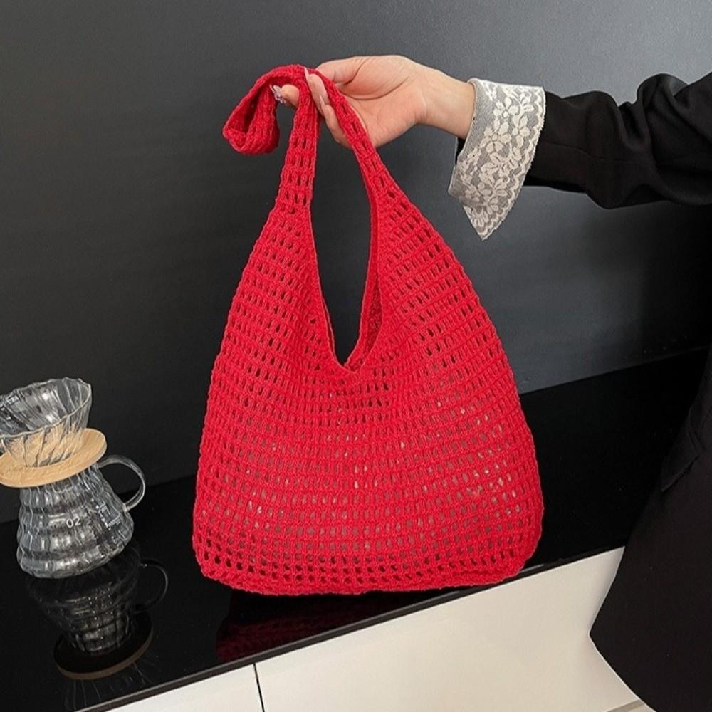 Bohemian Style Knitted Shoulder Bag Large Capacity Woven Handbag Crochet Mesh Tote Bag  Shopping