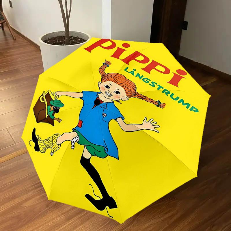 1 pièce Parapluie Pippi Longues-Chaussettes-8 baleines renforcées, Ouverture automatique, Léger et durable, Joli accessoire de mode pour l'extérieur, la plage ou un usage décontracté, Beac