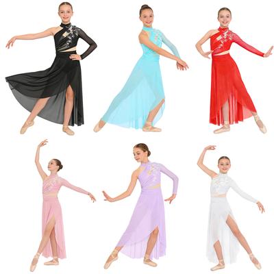 Girls Delicate Applique Lyrical Dance Dress Keyhole Back Side Split Irregular Hem Asymmetrical Ruched Mesh Performance Gown