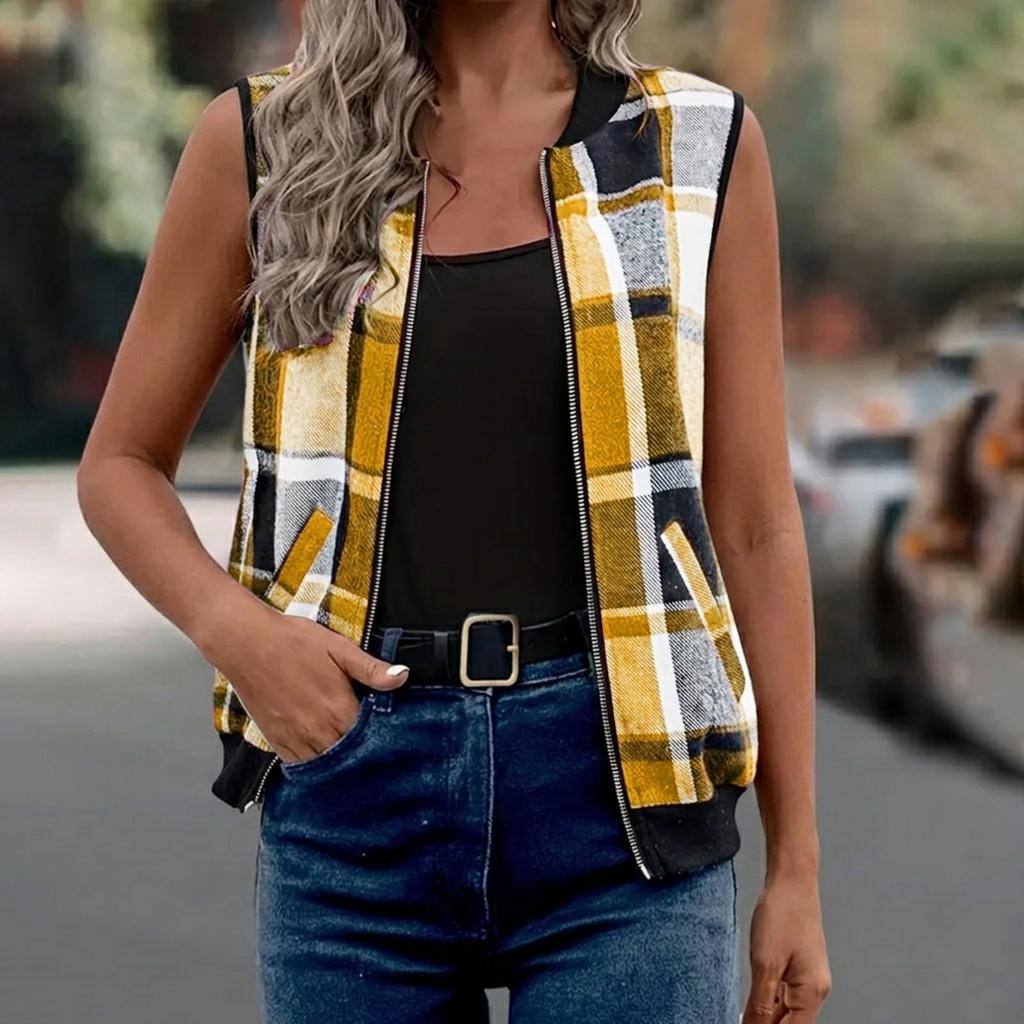 Women's Plaid Vest Zip Up Sleeveless Casual Jacket