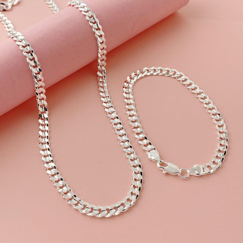 

925 Silver Plated Cuban Link Necklace & Bracelet Set - 7MM Concave Design 20+50CM Set (Bracelet & Necklace)