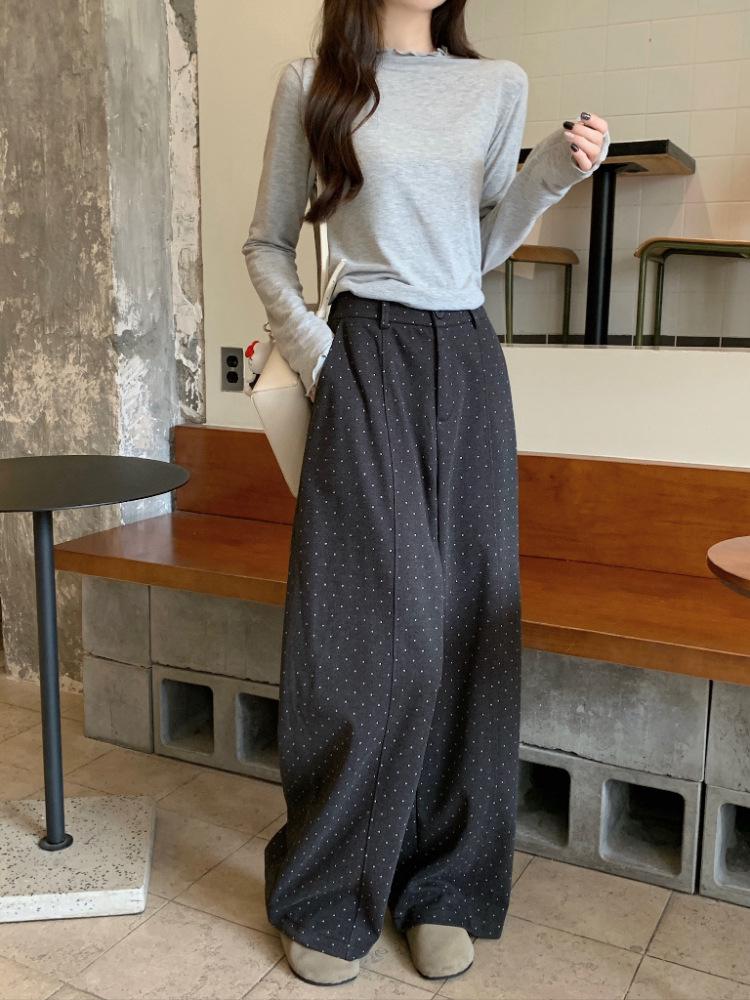 High-Waisted Petite Wool Blend Polka Dot Wide-Leg Pants - Dark Gray, Slimming, Versatile, Relaxed Feel.