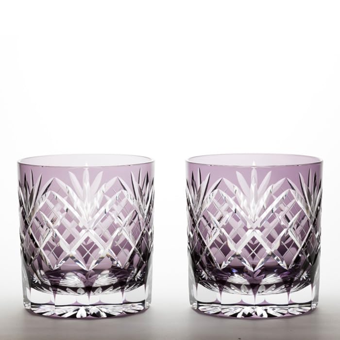 Glass Studio Saiho Edo Kiriko Shochu GlassRocks Glass, Old Purple, with Sword and Arrow Design, Made in Japan, Wooden Box, Gift Wrapping Available