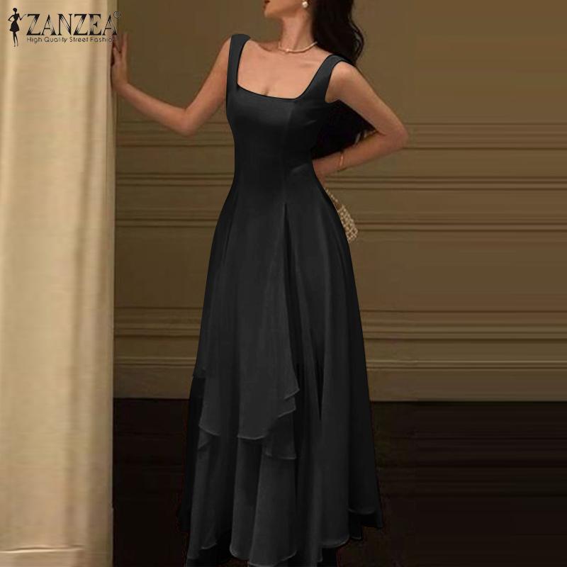 ZANZEA Women Casual Square Neck Sleeveless Ruffles Long Dress
