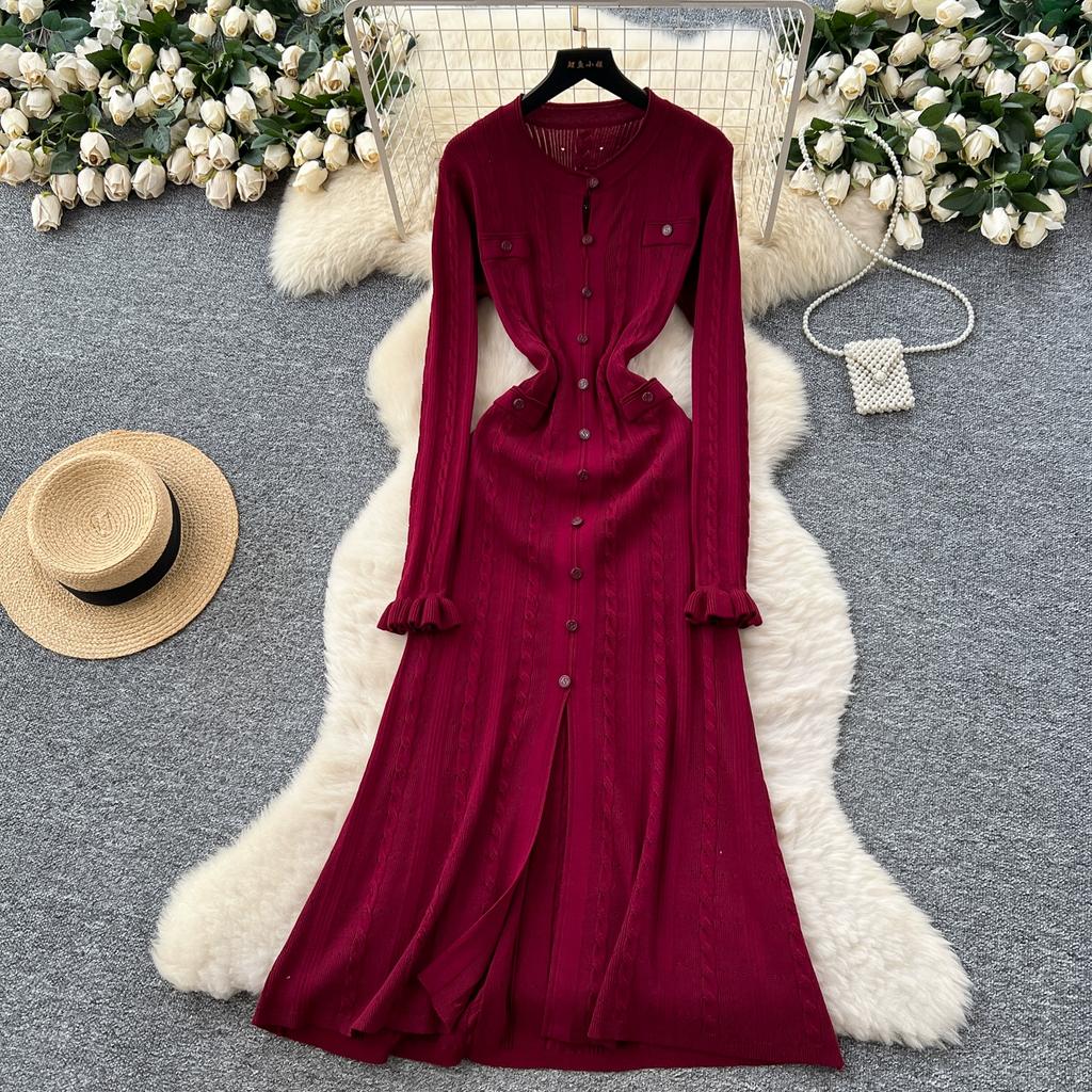 Herbst Winter Damen Marke Designer Laufsteg Partykleider Langarm Strickpullover Lang Maxi Pullover Robe