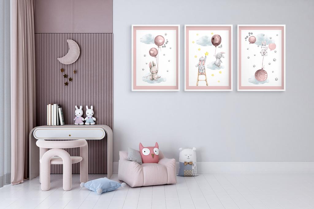 Zestaw Plakatów Dla Dziecka Króliczki Balony Pastelowy Róż Obrazy 30x40