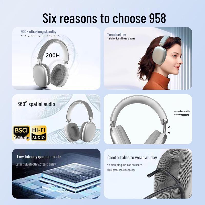 P958 Bluetooth Earphones: HIFI Stereo Sound, 3D Comfort, Long Wear, Type-C Compatible.