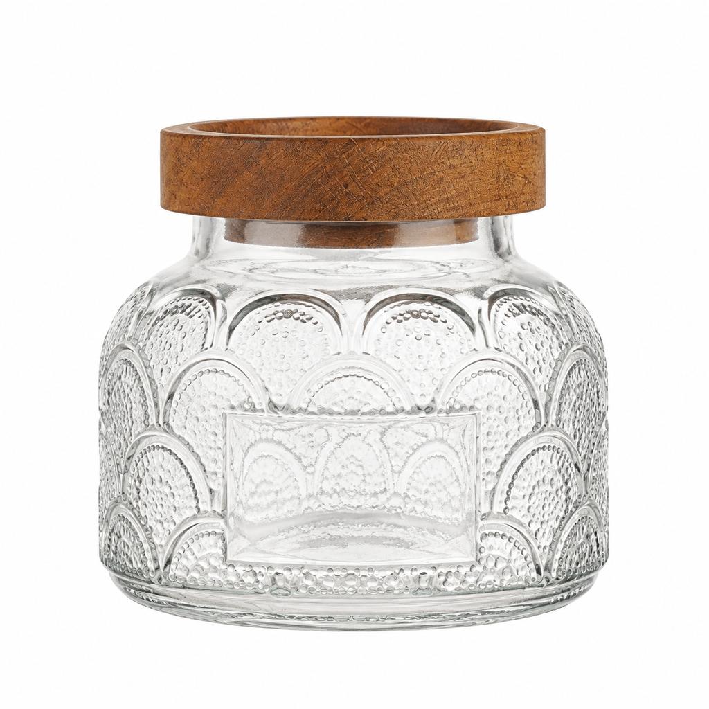 Elegant Food Storage Jar Embossed Glass Canister for Kitchen Organization Airtight Wooden Lid Coffee Tea Nut Container