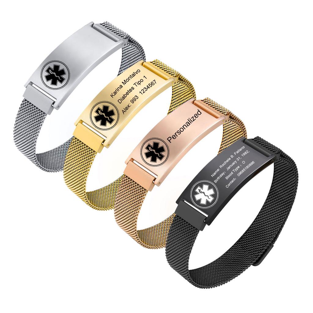 Personalisierte Medizinische Alarm ID Notfallarmband, Verstellbare Edelstahl-Netzkette Kostenlos Gravierbare Armbänder Für Damen Herren