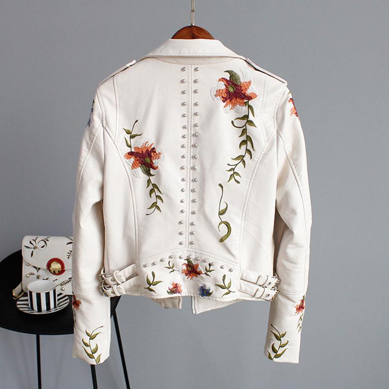 PU Leather Embroidered Rivet Coat Moto & Biker Streetwear Zipper Overcoat Women's Jackets Spring Clothes