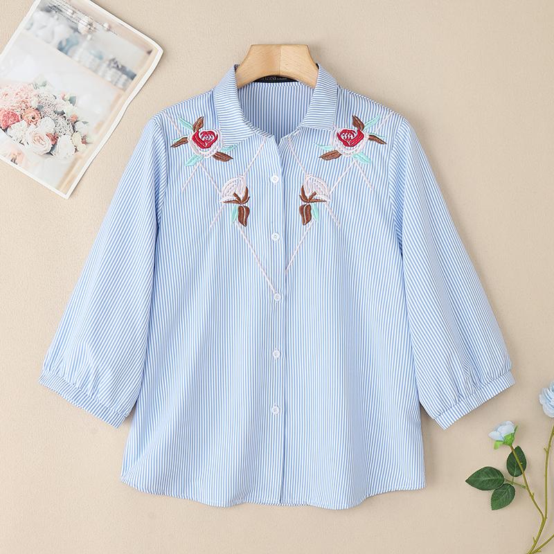 

ZANZEA Женская повседневная блузка с рукавом 3/4, свободного кроя, в полоску с цветочной вышивкой 2XL синий