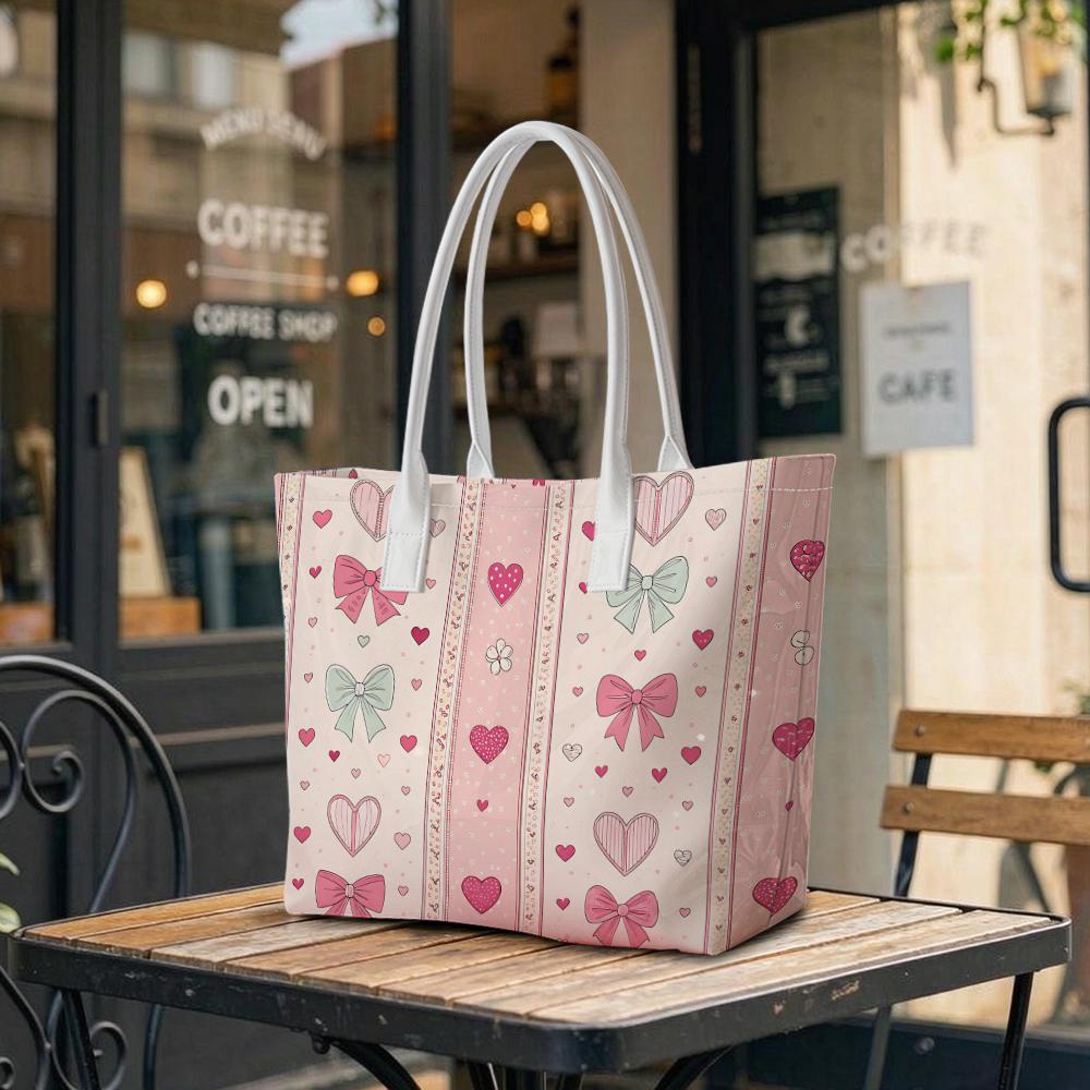 Sweet Heart Bow Print Tote Bag Casual Stylish Large Capacity Daily Shoulder Handbag for Ladies