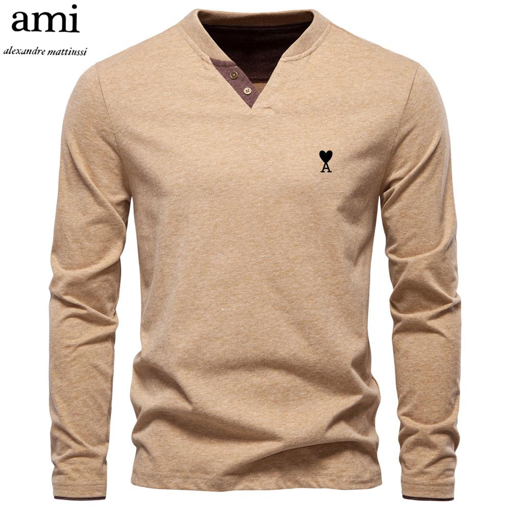 AMI 2025 Autumn New Embroidery Men's Fashion Color Cotton Solid Color Long Sleeve T-shirt V-neck Casual Men's Top T-shirt
