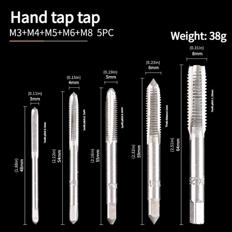 5pc Metalworking Tap Set Highly speed Steel Heat Treated Design Multiple Size 3mm 4mm 5mm 6mm 8mm Durability Construction