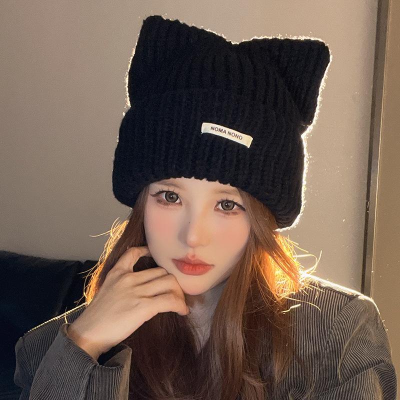 Japanese Cat Ear Wool Hat for Women In Autumn and Winter Warm Cute Knitted Hat Korean Version Versatile Cold Pullover Cold Hat