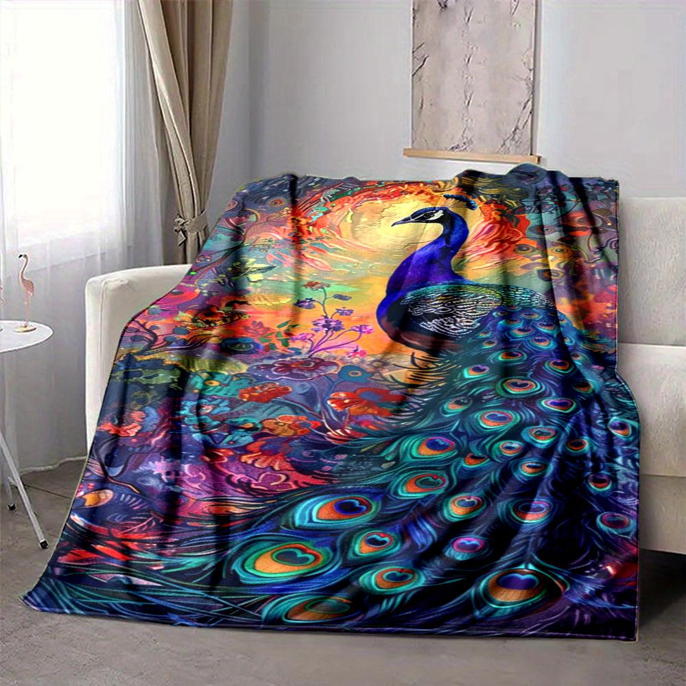 1pc Peacock Feather Print Blanket Lightweight Flannel Blanket Throw Blanket For Sofa, Bed, Travel, Camping, Livingroom, Office, Couch, Chair, And Bed