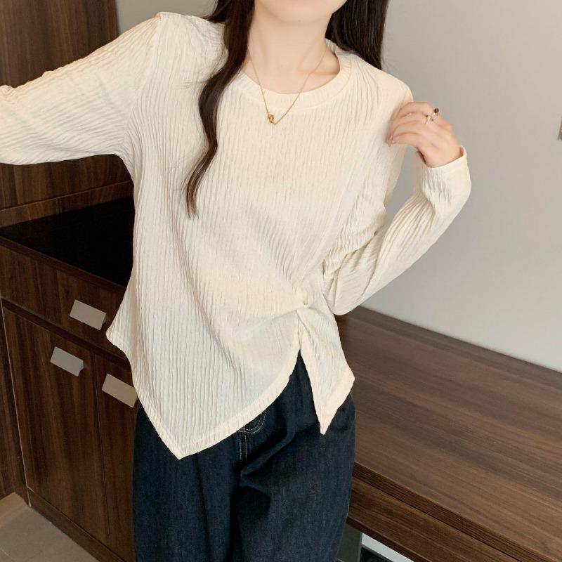 

Large Size Women s Irregular Texture Slit Long-sleeved T-shirt Women s Loose Sweet Top 5XL білий