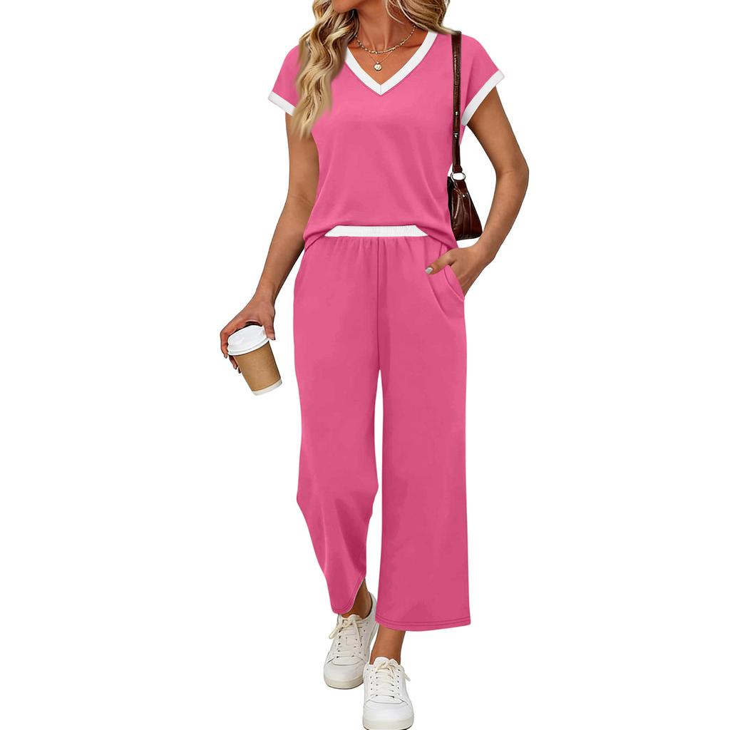 Women Two Piece Set Casual Outfits V Neck Short Sleeve Top Elastic Waist Pants Lounge Wear Set for Travel Relaxed Fit