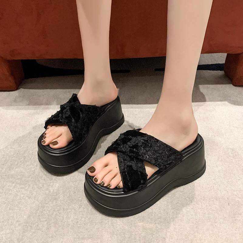Fashion 8CM Heels Chunky Slippers For Women Open Toe High Platform Leather Sandals Woman New Summer Thick Bottom Beach Bling Flip Flops