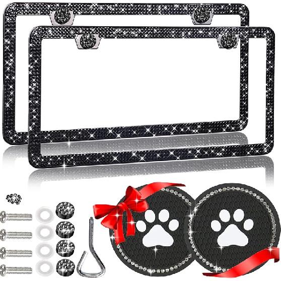 Bling License Plate Frames For Women Sparkly Rhinestone License Plate Frame Diamond Car License Plate Cover Glitter Bedazzled License Plate Holder 2