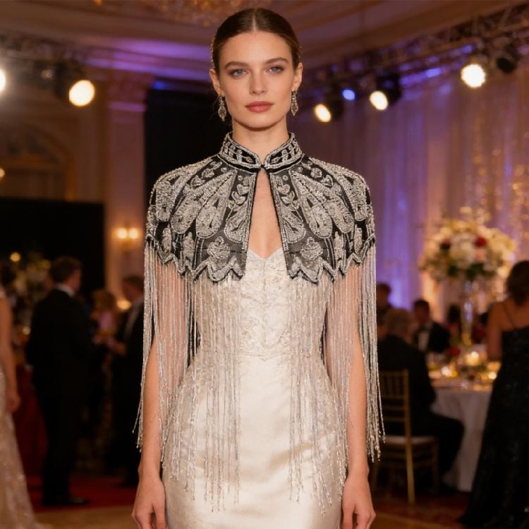 Mantelle Metalliche Filettate con Perline Coprispalle Elegante Accessorio Costume Per Eventi Festivi e Serate