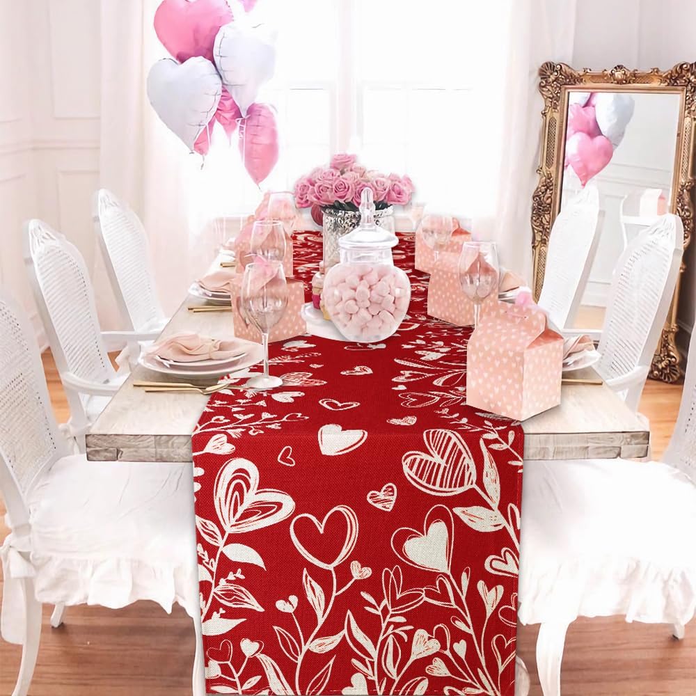 Valentine’s Day Red Heart Love Plant Table Runner 13x72 Inch , Holiday Kitchen Dining Tabletop Runners for Home Indoor Farmhouse Decoration