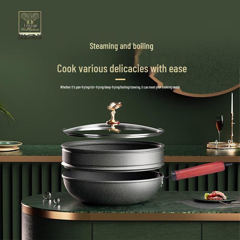 Maifan Stone Wok with Steamer and Glass Lid