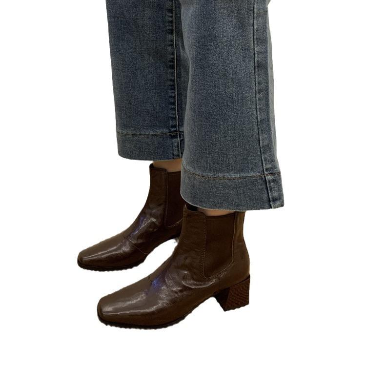 Huge Comfortable~! Simple Square Head Thick Heel Elastic Short Boots Martin Boots Versatile Chelsea Boots