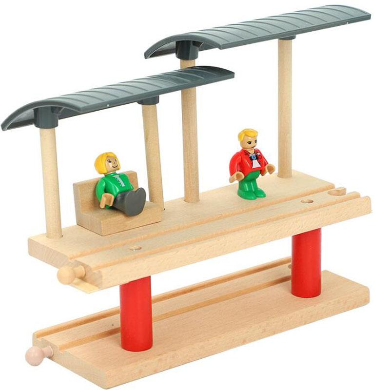 Wooden Train Tracks Scene Accessories Wooden Double Platform Gas Station Airplane Airport Educational DIY Toys For Children